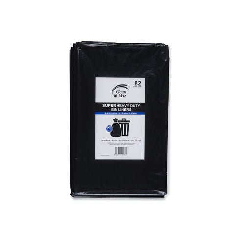 Pack of black super heavy-duty trash bags with Clean Wiz label on a white background