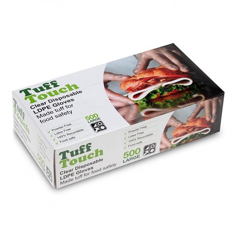 Box of Tuff Touch disposable gloves with a sandwich image on a white background