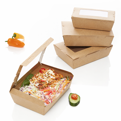 Open kraft cardboard food box with a window to view food inside, surrounded by closed boxes on a white background