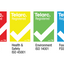 Four Telarc Registered certification badges in red, yellow, green, and blue, each with a white checkmark and text indicating different certification standards: Quality ISO 9001, Health & Safety ISO 45001, Environment ISO 14001, and Food Safety FSSC 22000, on a white background.