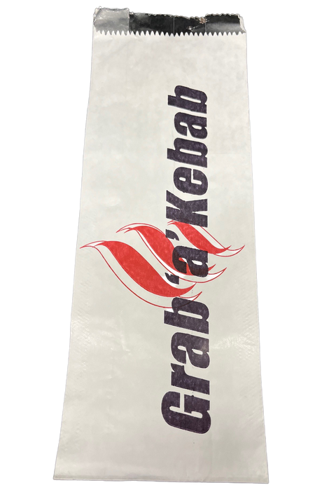 White foil lined bag with 'Grab a Kebab' branding on a white background