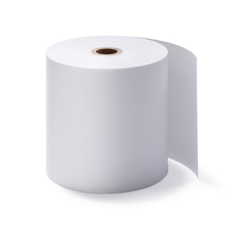 Roll of white eftpos receipt paper on a white background