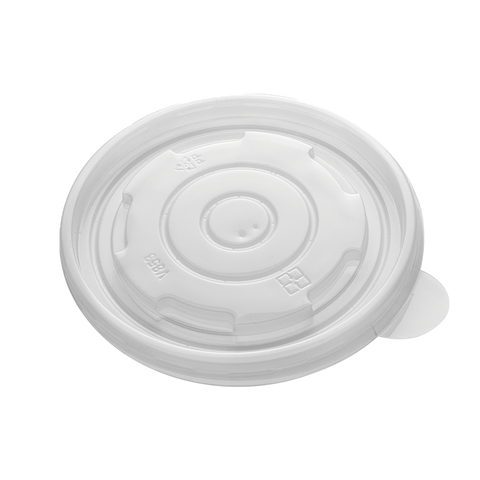 Clear round polypropylene lid on a white background