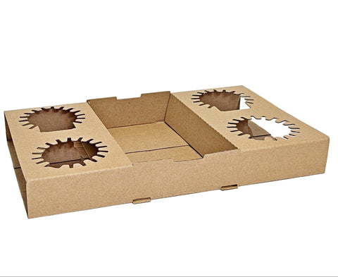 Brown cardboard 4 cup tray with cut-out sections and space for snacks on a white background