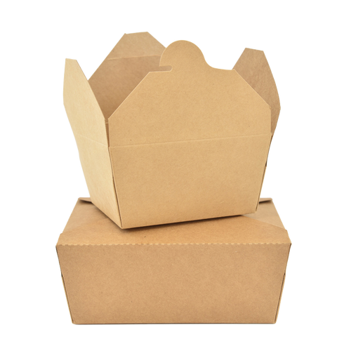 Two large brown Kraft Lunch Boxes stacked on a white background