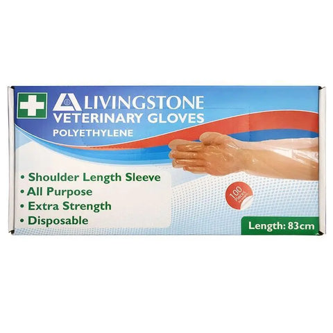 Livingstone Veterinary Gloves packaging with a hand illustration on a white background