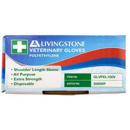 Livingstone Veterinary Gloves packaging with product details on a white background
