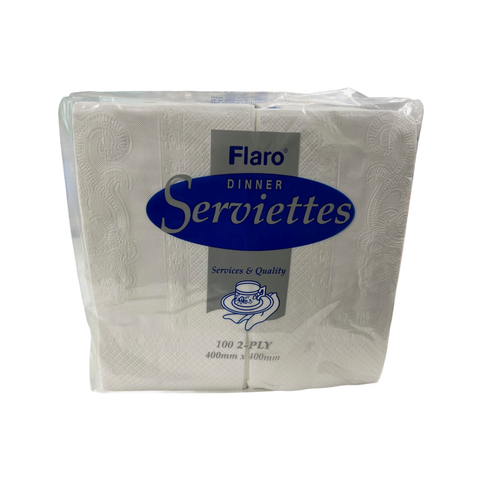 2 ply Pack of Flaro m-fold dinner serviettes with brand logo on a white background