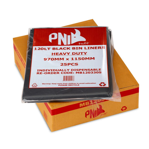Pack of black bin liners with PNI branding on a white background