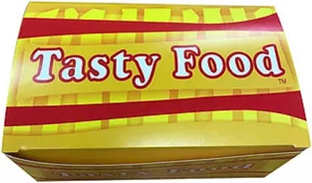 Yellow snack food box with red stripe and 'Tasty Food' text on a white background