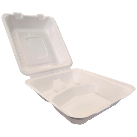 Biodegradable sugarcane clamshell take-out container with lid on a white background
