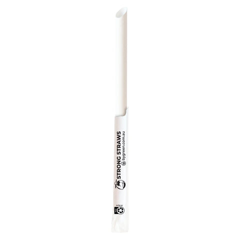 White bubble tea straw with 'Strong Straws' branding on a white background