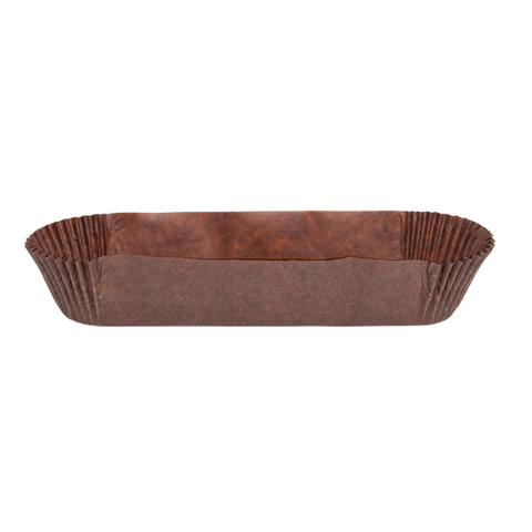 Brown paper eclair pattie pan on a white background