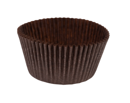 Brown paper cupcake liner on a white background