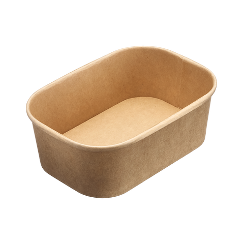 Rectangular kraft 750ml food container with rounded corners on a white background