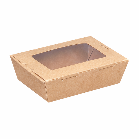 Extra small sized Brown kraft cardboard box with a clear window on a white background