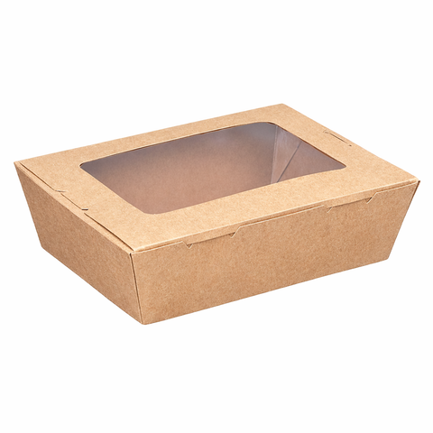 Large sized Brown kraft cardboard box with a clear window on a white background