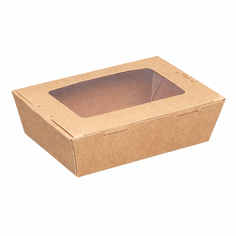 Medium sized Brown kraft cardboard box with a clear window on a white background