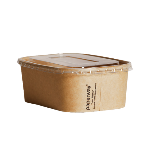 Kraft paper food container with clear lid on a white background, branded 'paperway'.