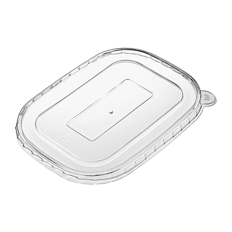 Clear plastic food container lid on a white background