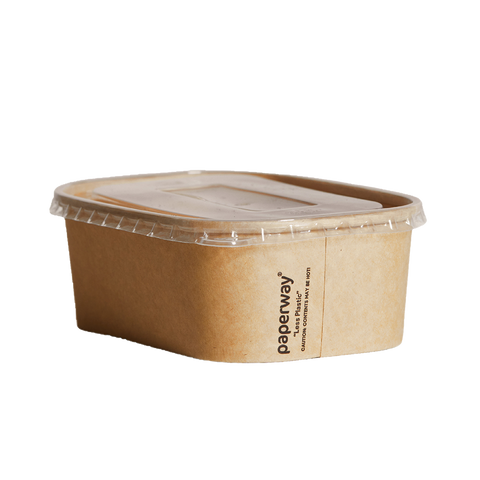 Kraft paper food container with a clear lid on a white background, branded 'paperway'.