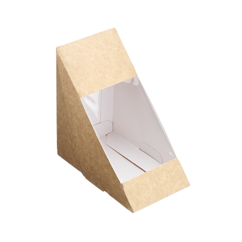 Brown kraft paper sandwich box with clear window on a white background