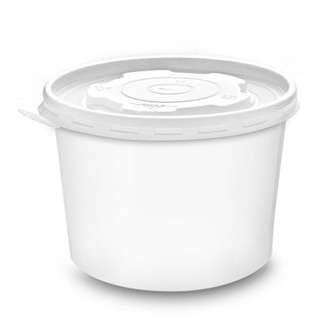 White paper container with a plastic lid on a white background