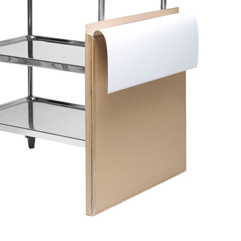 Metal rack with a cardboard box and white paper on a white background