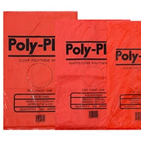 Three red packs of Poly Plus vented bags on a white background