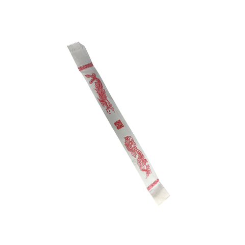 White printed chop stick sleeve with red designs on a white background