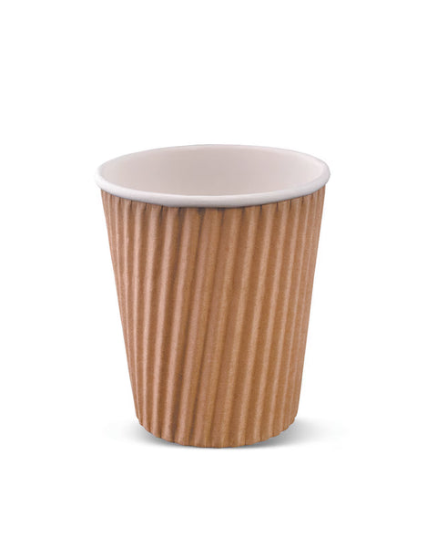 Brown paper cup with ripple texture and white interior on a white background