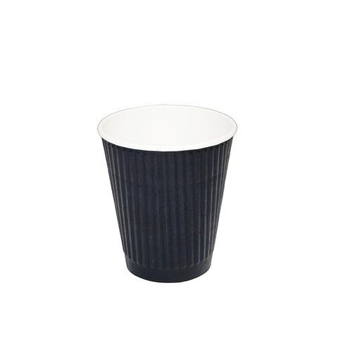 Black ripple textured takeaway coffee cup with white interior on a white background
