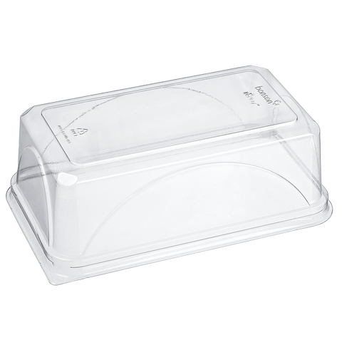 RePlay rPET Clear plastic loaf or cake tray lid on a white background