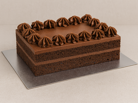 Chocolate cake with chocolate frosting on foil cake board a neutral background