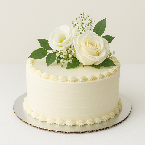 White cake with white roses and green leaves on a corrugated cardboard Circle Foil Cake Board on a light gray background