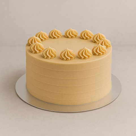 Caramel cake with decorative swirls on a silver foil cake board on a plain background