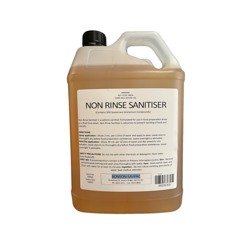 Container of non-rinse air-dry sanitiser  with label on a white background