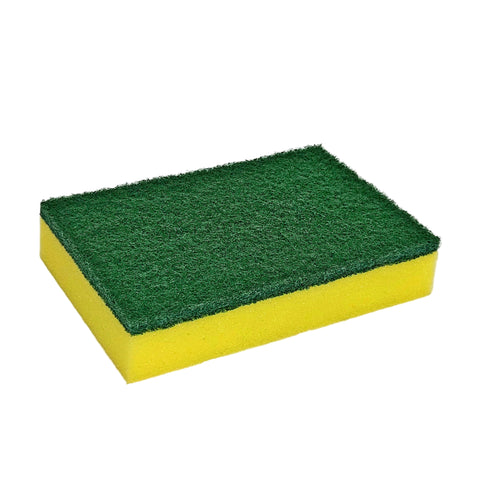 Green and yellow scrub sponge on a white background