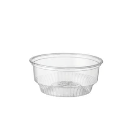 A small clear plastic cup with a ribbed base and a flared rim, shown on a plain white background.