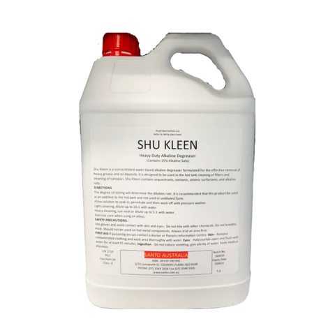 White bottle of Shu Kleen heavy-duty alkaline degreaser with a red cap on a white background