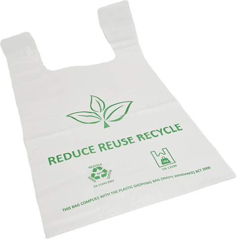 Extra Large white Plastic Carry Bag with 'Reduce Reuse Recycle' text and green leaf graphics on a white background