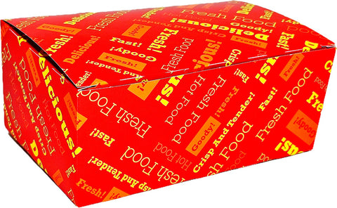 Red snack food box with 'Fresh Food' text pattern on a white background
