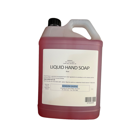 5L Bottle of rose scented liquid hand soap with a label on a white background