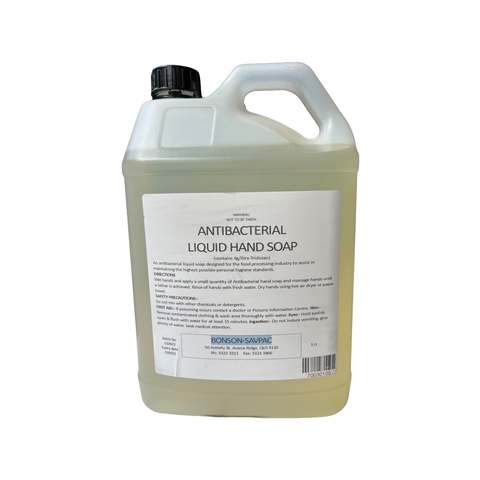 5L Bottle of antibacterial liquid hand soap with a label on a white background