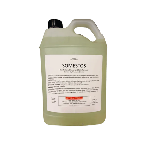 Green bottle of Somestos toilet cleaner and stain remover on a white background