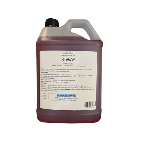 5L Bottle of Bonson 3-Way cleaner and sanitiser with a product use label on a white background