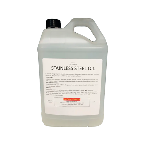 5L Bottle of stainless steel oil with a label on a white background