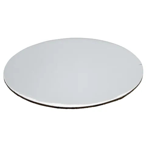 Round foil cake board on a white background