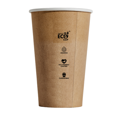 12oz Kraft paper cup with 'Truly Eco Cup' branding on a white background