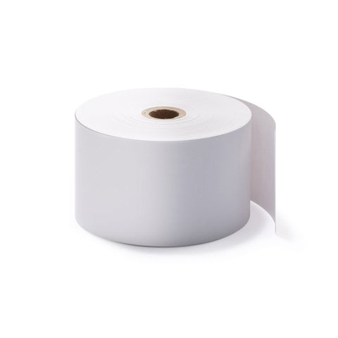 Roll of white eftpos receipt thermal paper on a white background